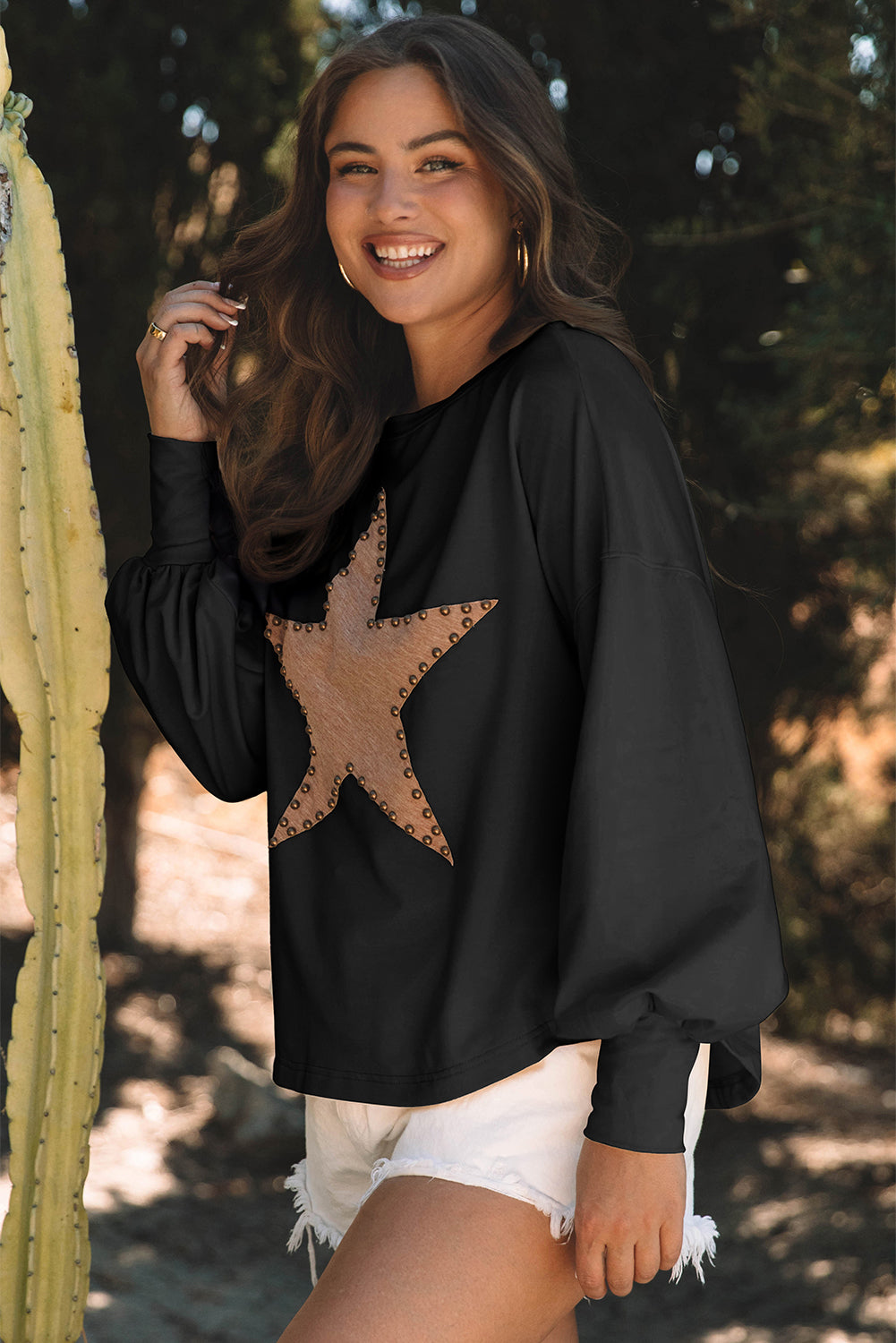 Studded Star Graphic Oversized Long Sleeve Top | Black