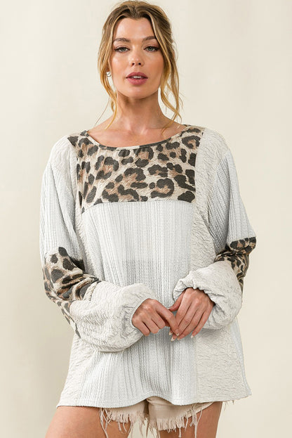 Leopard Patch Puff Sleeve Textured Blouse | White