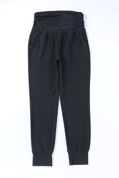 High Waist Pleated Pocket Leggings | Black