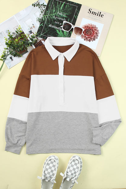 Turn-Down Collar Colourblock Pullover Sweatshirt | Brown