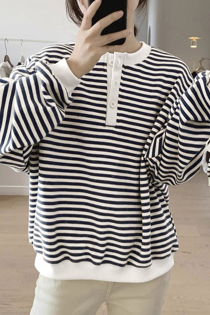 Colour Block Buttoned Crew Neck Oversized Sweatshirt | White Stripe