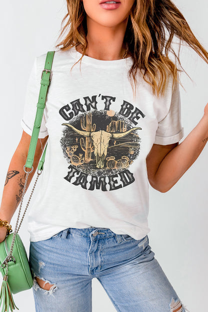 Cant Be Tamed Western Steer Head Crew Neck T Shirt | White