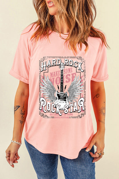 Hard Rock Guitar Print Crew Neck T Shirt | Pink