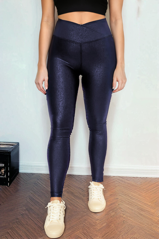 Navy Blue Crossed Dip Waist Sleek Leather Leggings