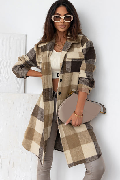 Plaid Button-Down Flap Pocket Long Shacket | Khaki