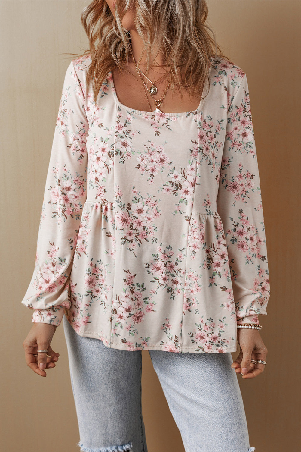 Floral Print Pleated U Neck Loose Fit Blouse | Pink