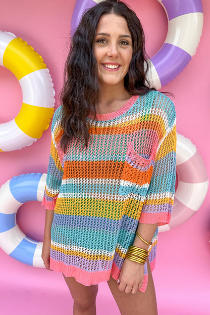 Colourblock Hollowed Crochet 3/4 Sleeve Sweater | Pink Stripe