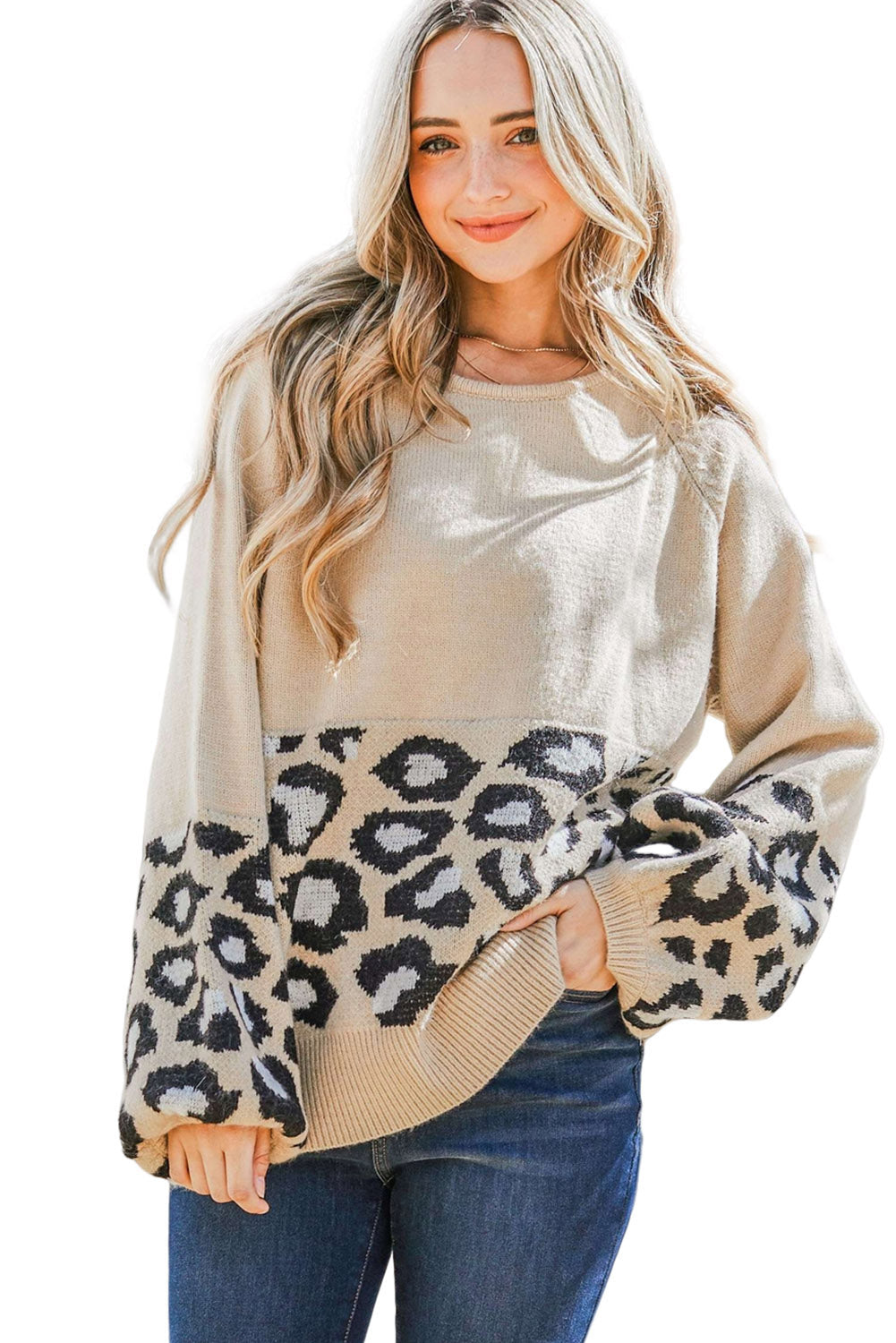 Leopard Patchwork Knitted Puff Sleeve Sweater | Khaki