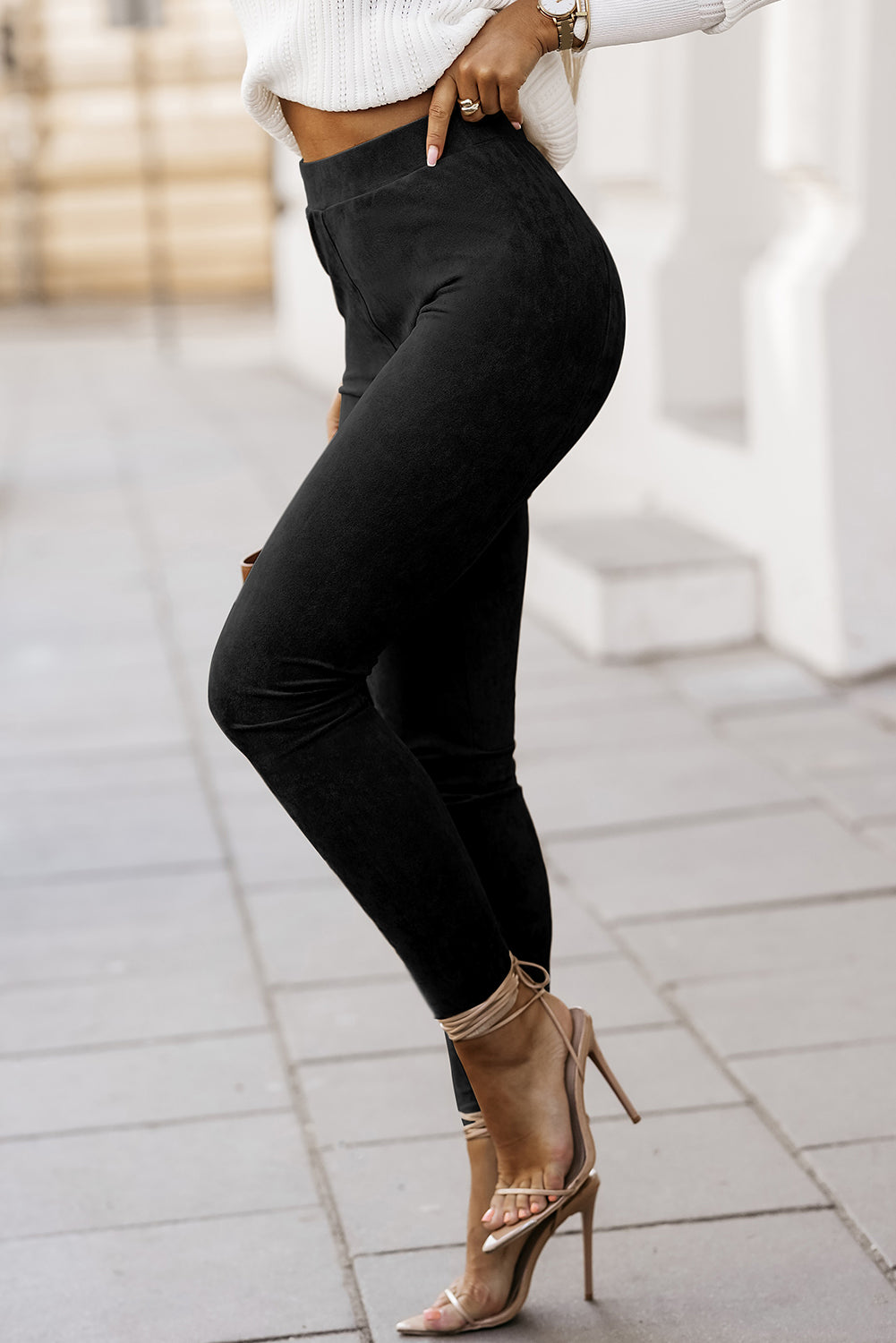 High Waist Faux Suede Skinny Leggings | Black