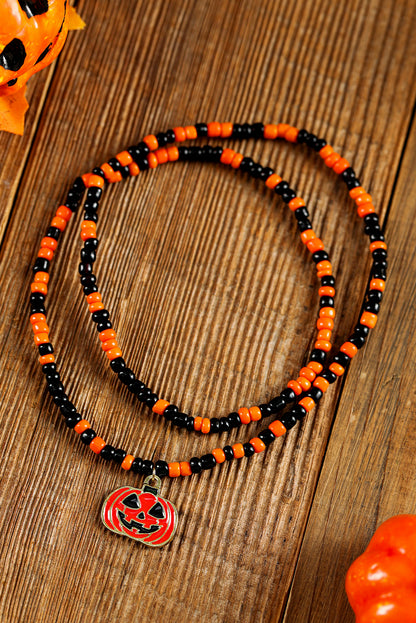 Pumpkin Face Pendant Rice Beaded Halloween Necklace | Orange