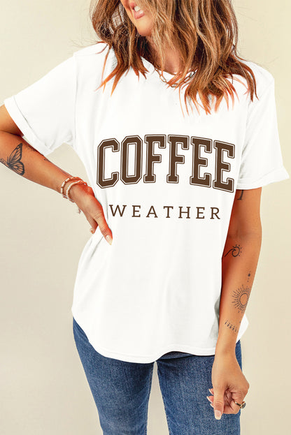 Coffee Weather Round Neck Graphic T Shirt | White