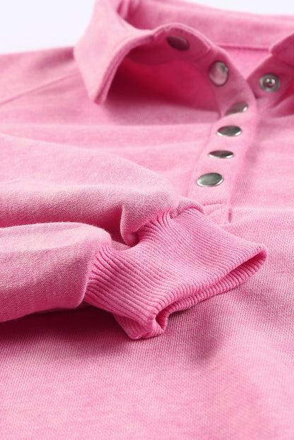 Washed Snap Buttons Lantern Sleeve Pullover Sweatshirt | Pink