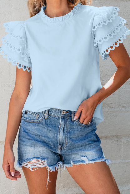 Layered Ric Rac Cap Sleeve Filled Neck Blouse | Beau Blue