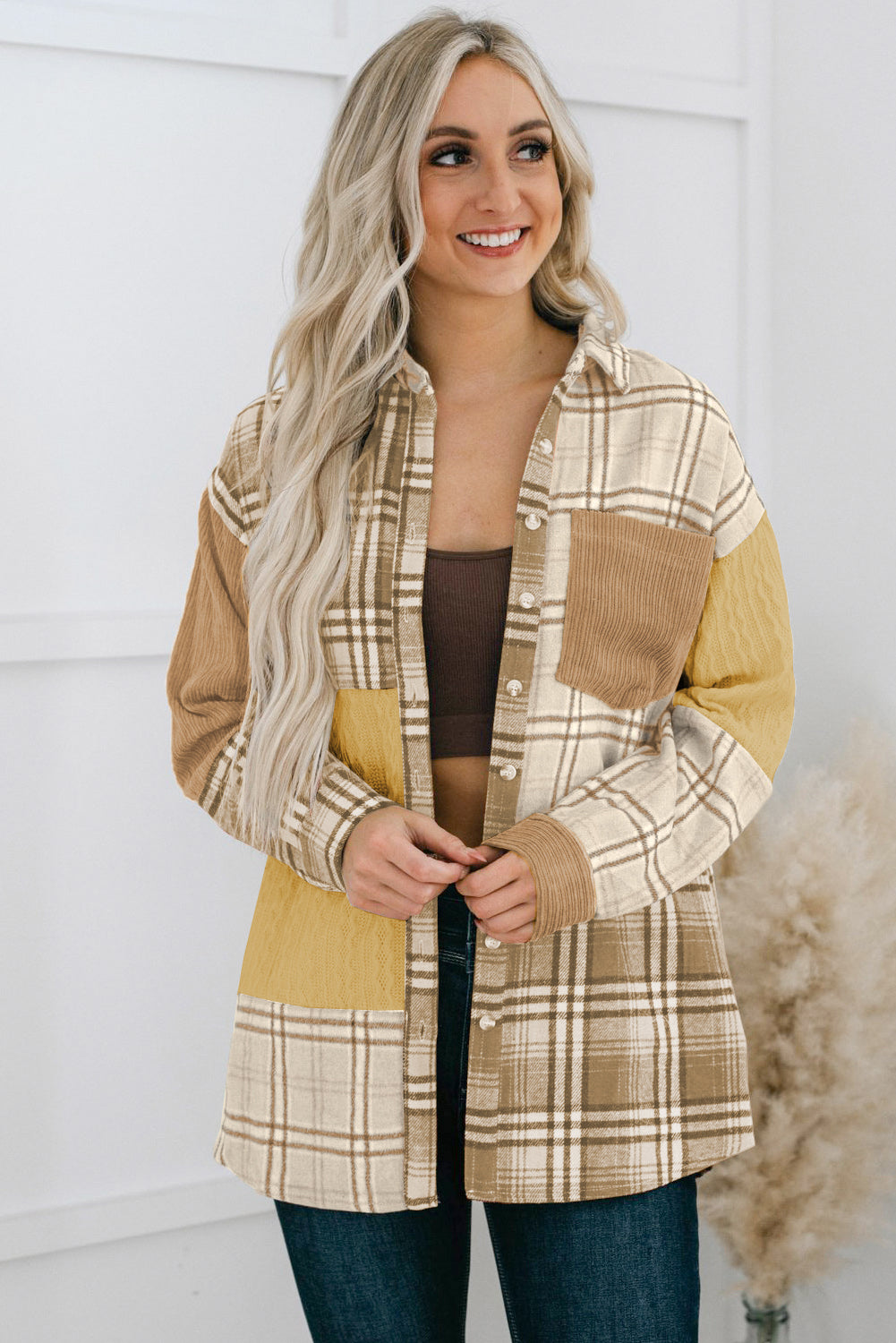 Plaid Colour Block Patchwork Shirt Jacket With Pocket | Khaki