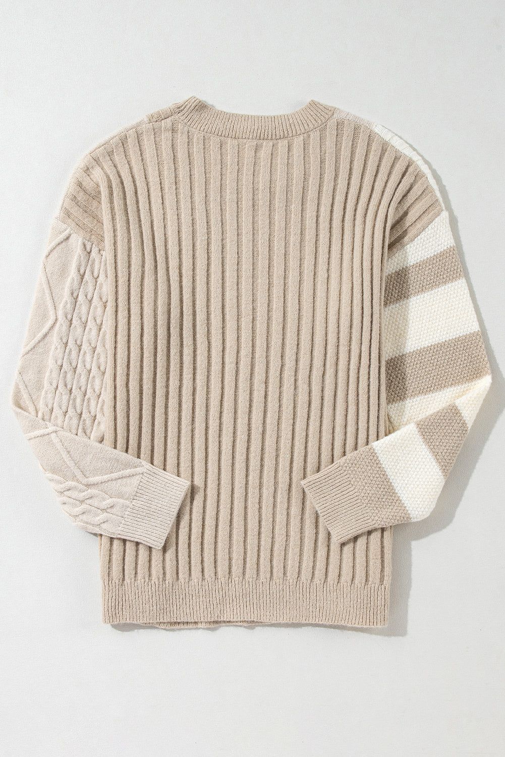 Cable Knit Colourblock Crew Neck Drop Shoulder Sweater | Khaki