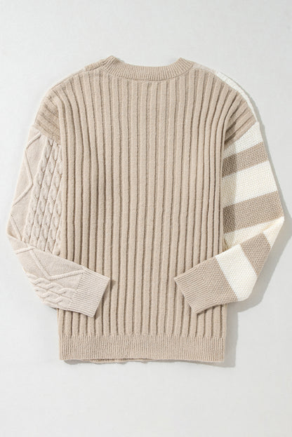 Cable Knit Colourblock Crew Neck Drop Shoulder Sweater | Khaki