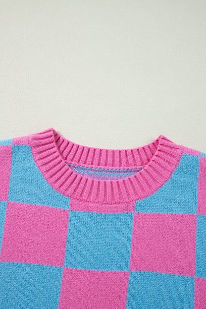 Colourblock Plaid Pattern Ribbed Trim Sweater Tank Top | Sachet Pink