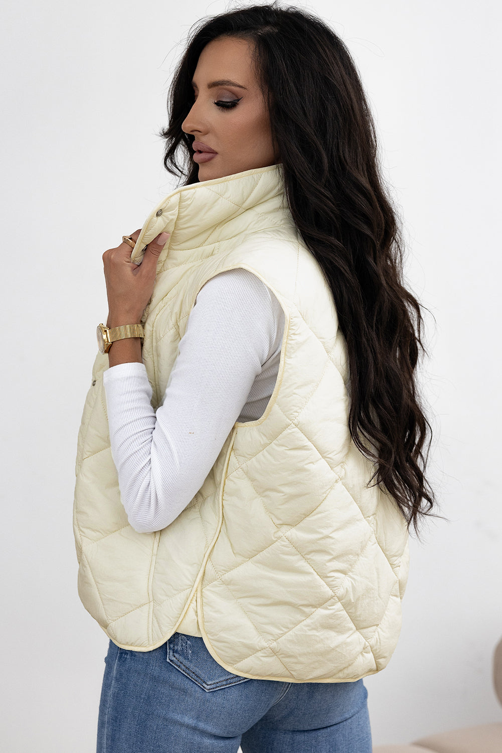 Quilted High Neck Button Up Pocket Vest Coat | Beige