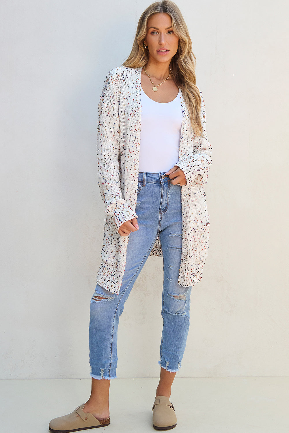 Confetti Rib Knit Long Sleeve Cardigan | White