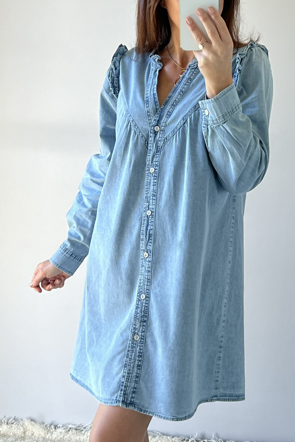 Ruffled V Neck Buttoned Shift Denim Dress | Myosotis