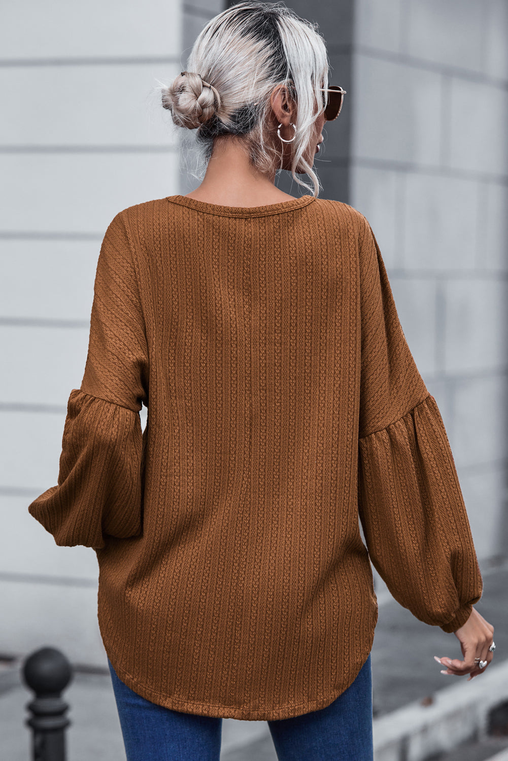 Faux Knit Jacquard Puffy Long Sleeve Top | Orange