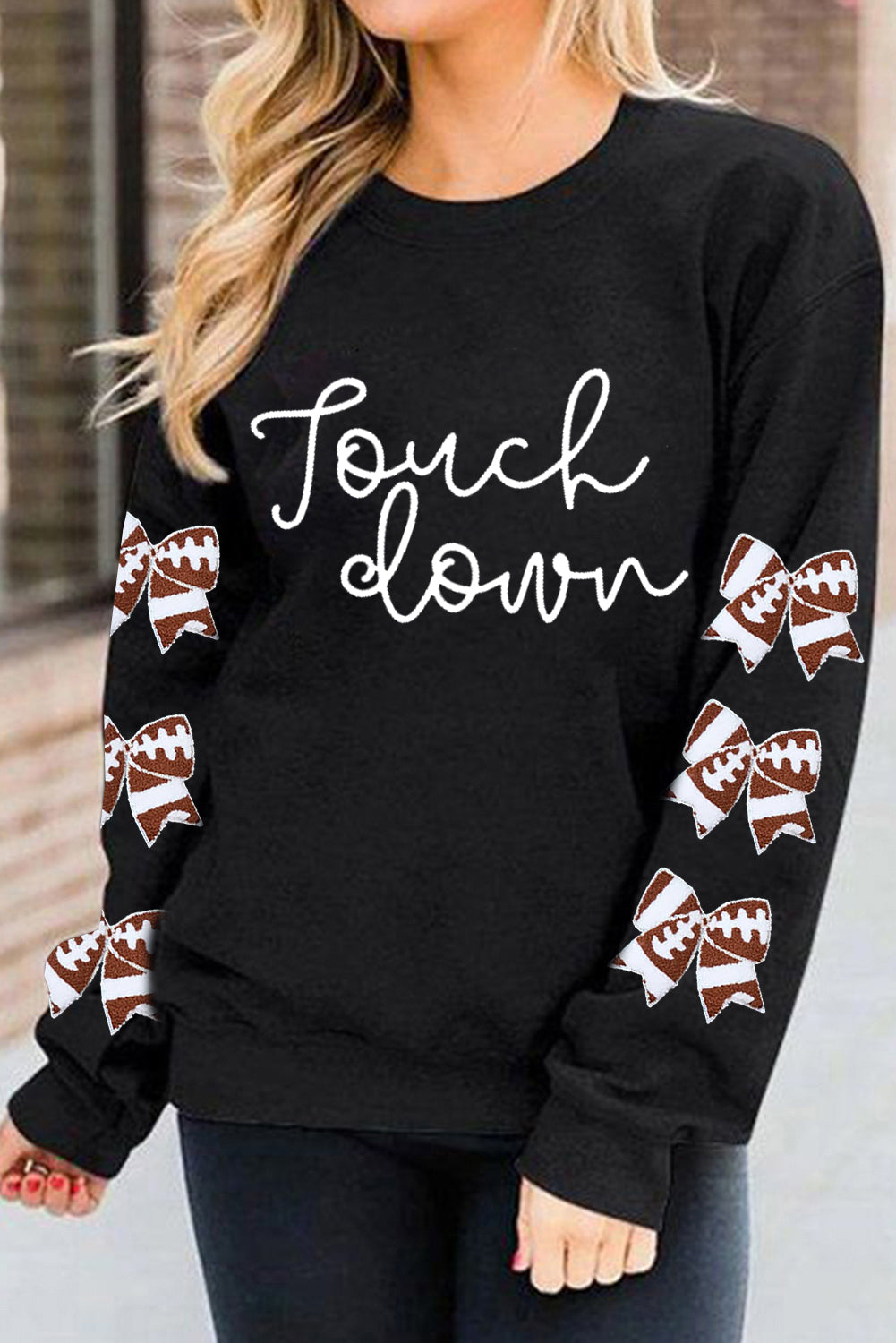 Touch Down Graphic Rugby Football Bowknot Patched Sleeve Sweatshirt | Black