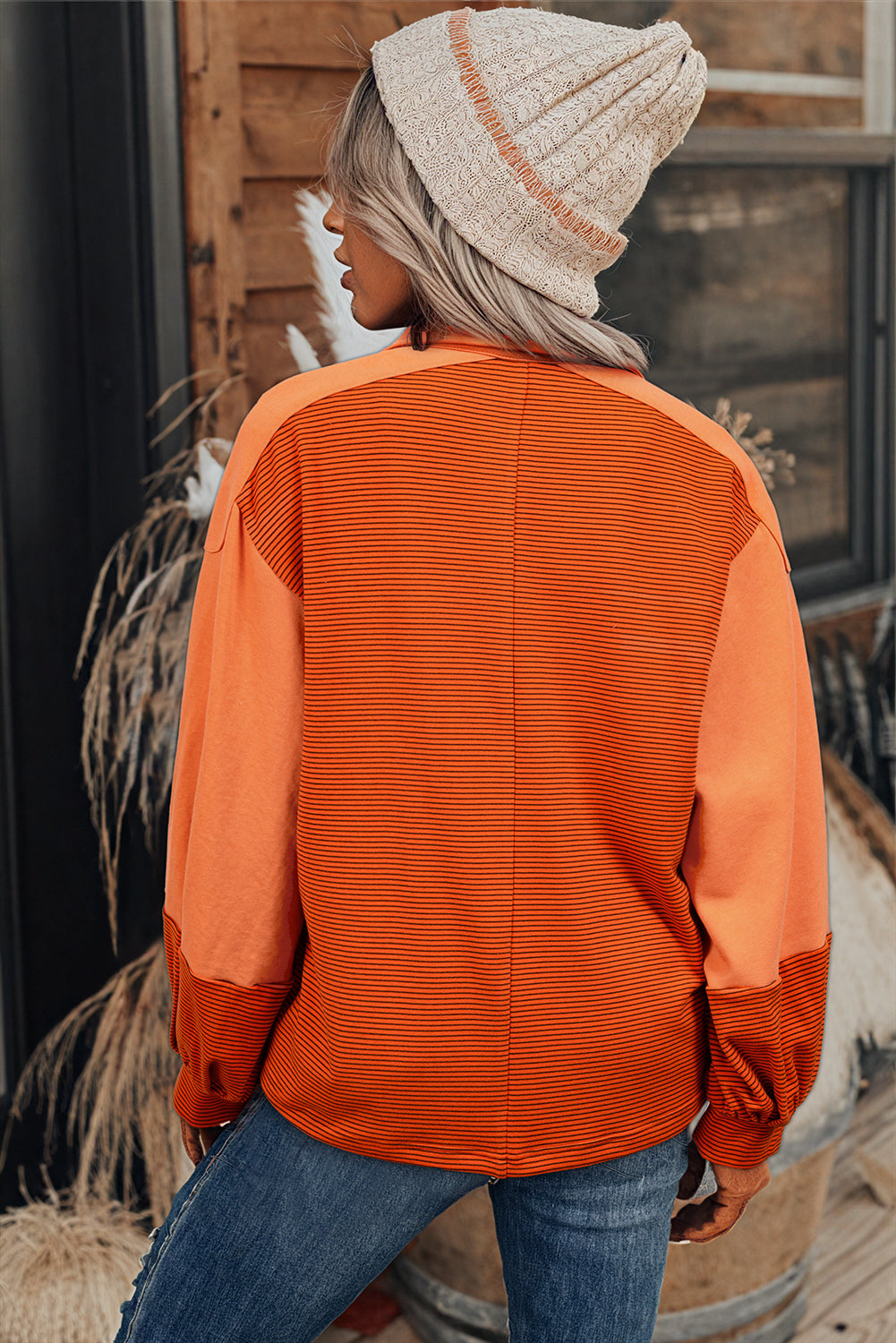 Exposed Seam Henley Turn-Down Neck Puff Sleeve Sweatshirt | Orange Stripe