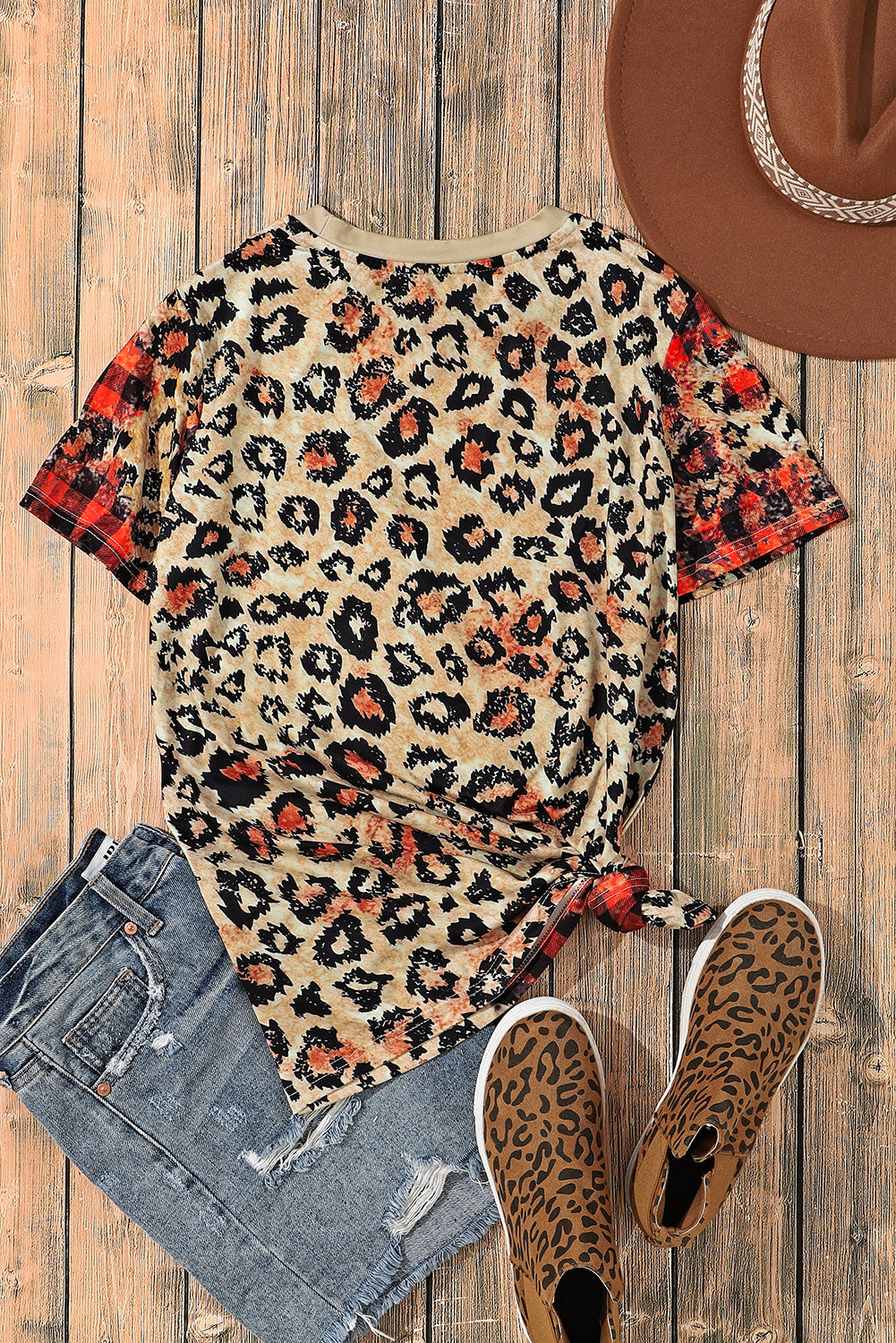 Plaid Bleached  Print Short Sleeve T Shirt | Leopard