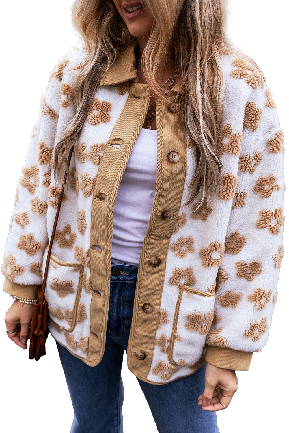 Cute Flower Pattern Button Up Fleece Jacket | Light French Beige