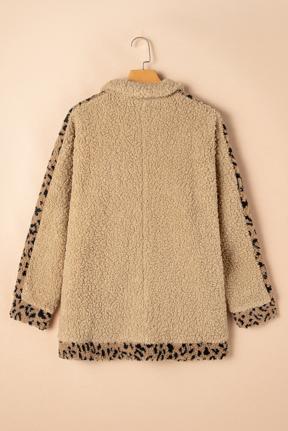 Plus Size Leopard Trim Button Up Sherpa Jacket | Khaki