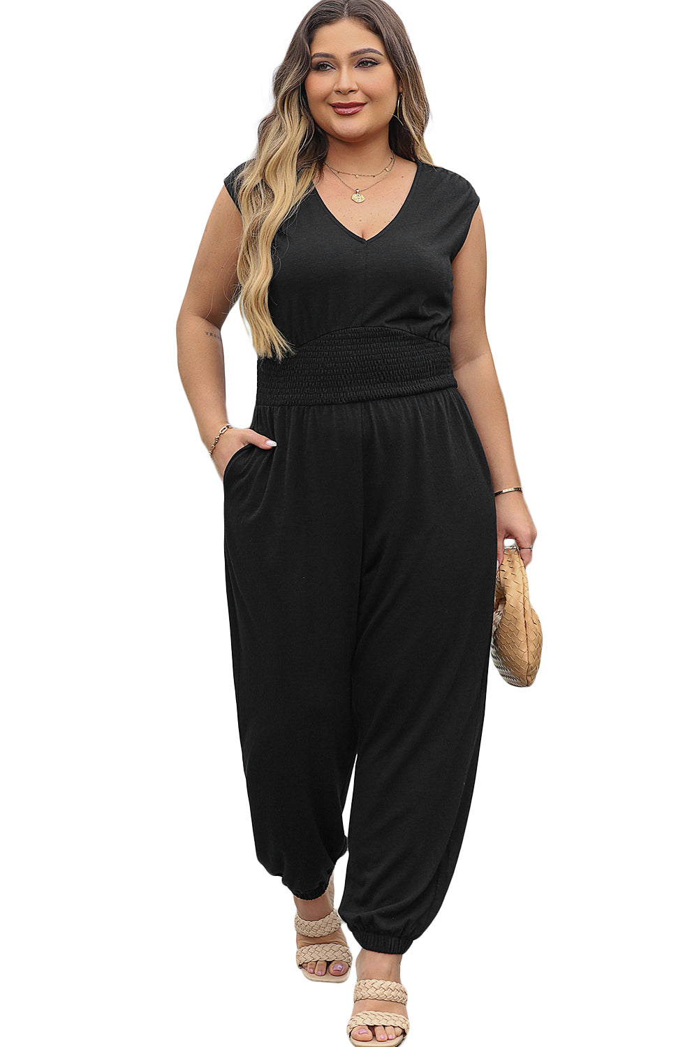 Plus Smocked High Waist Sleeveless V Neck Jumpsuit | Black