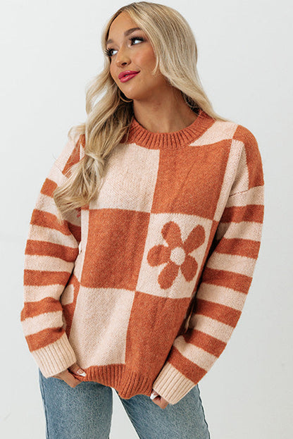 Checkered Floral Print Striped Sleeve Sweater | Brown