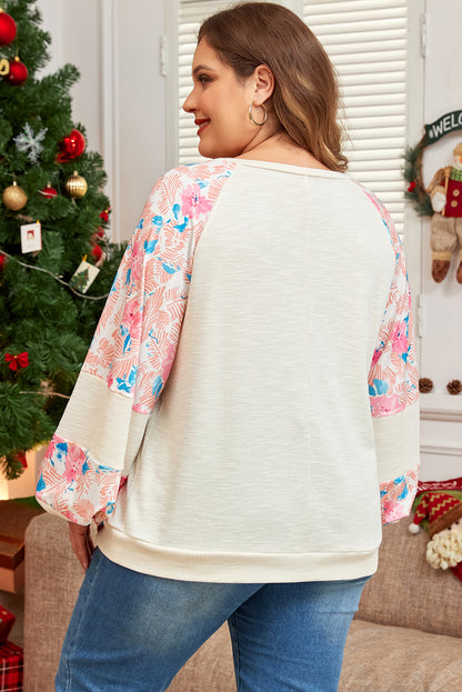 Plus Size Floral Patchwork Ribbed Puff Sleeve Top | Apricot