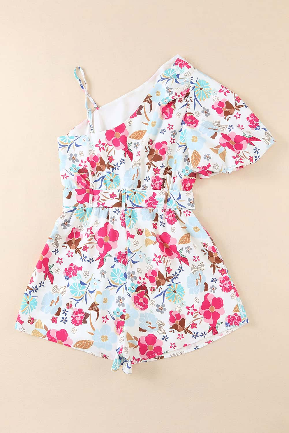 Floral Single Bubble Sleeve Slant Shoulder Romper | White