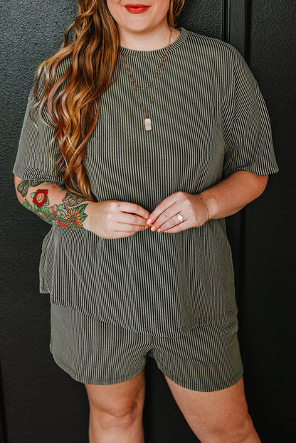 Plus Size Rib Knit Short Sleeve Top And Shorts Set | Moss Green