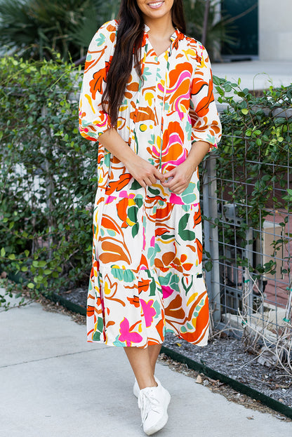 Floral Print Split V Neck Tiered Maxi Dress | Orange