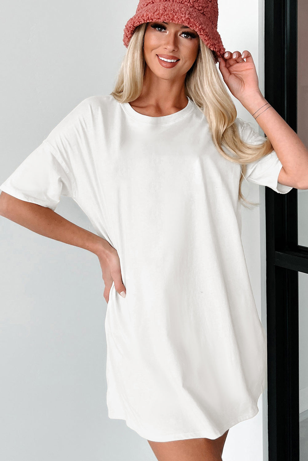 Solid Colour Round Neck Basic Tunic T Shirt | White