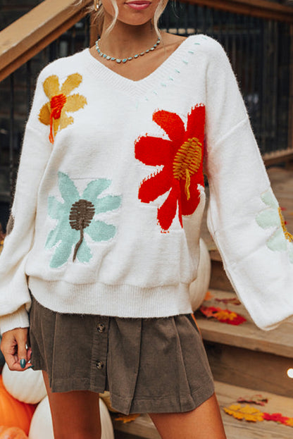 Big Flower Pattern V Neck Drop Shoulder Sweater | White