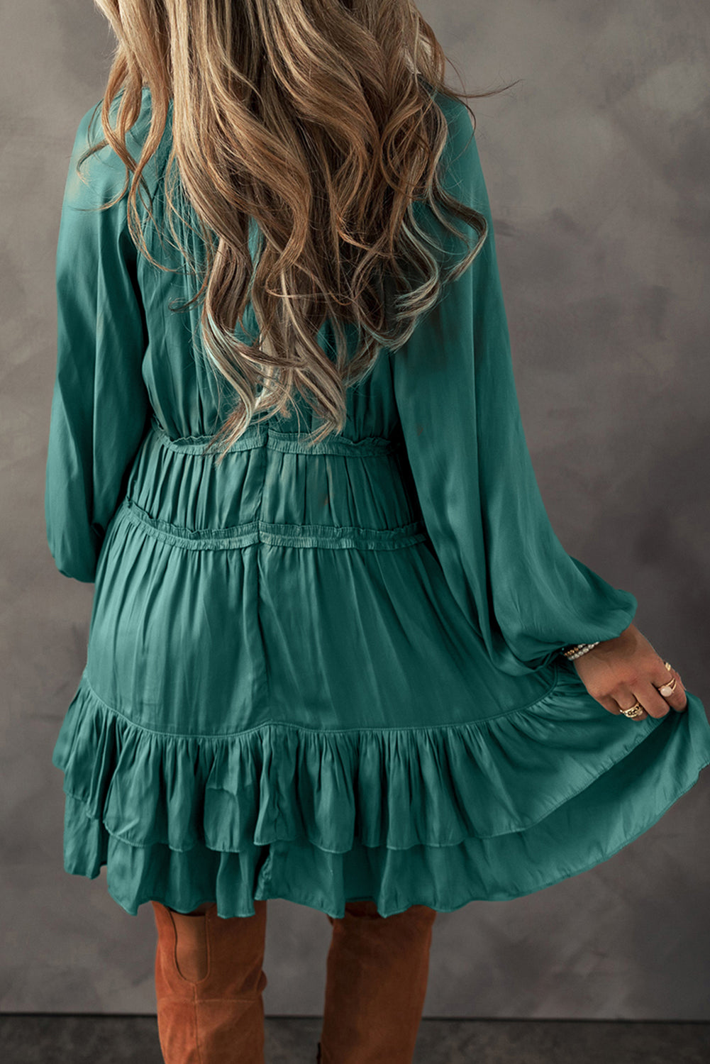 Tiered Ruffled Puff Sleeve Loose Fit Mini Dress | Mist Green