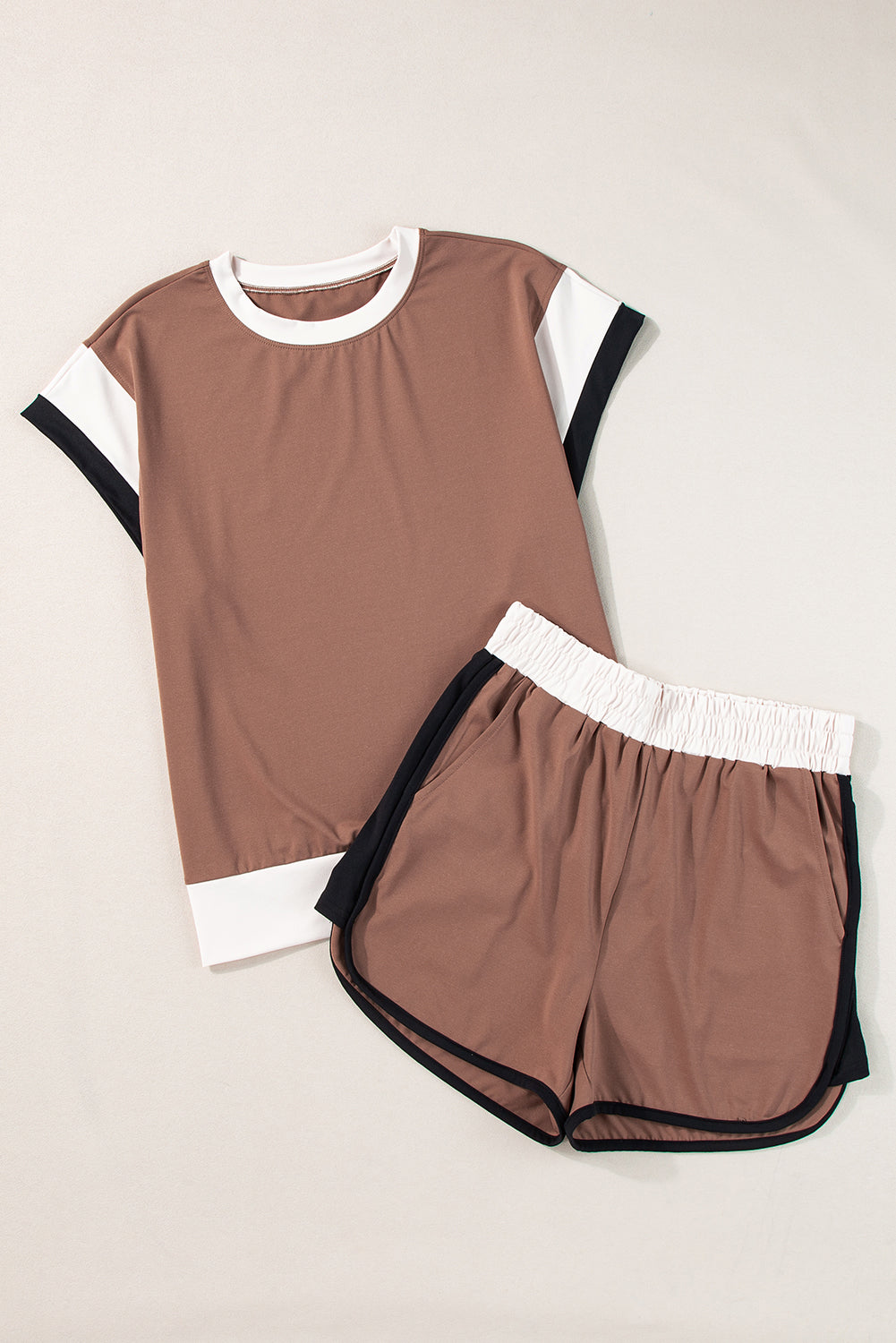 Contrast Trim Cap Sleeve Tee Shorts Set | Coffee