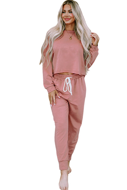 Solid Sport Boxy Fit Pullover & Pants Outfit | Pink