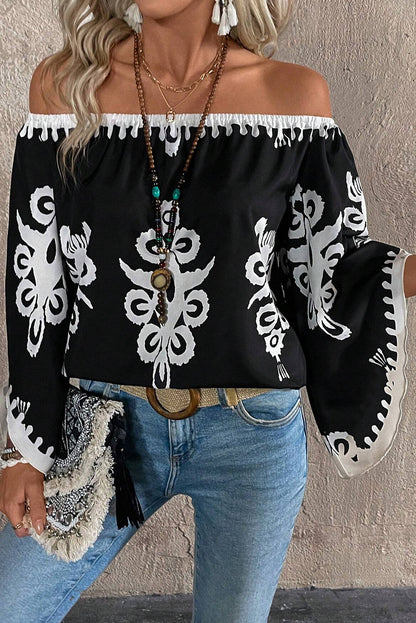 Tribal Printed Off Shoulder Loose Sleeve Blouse | Black