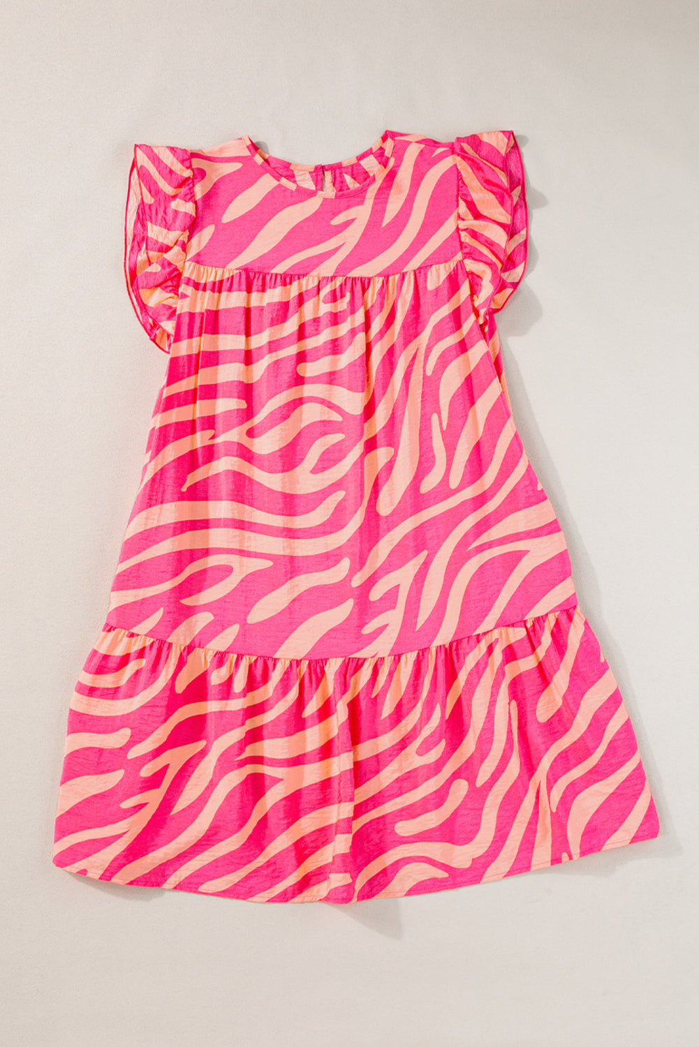 Zebra Stripe Printed Ruffle Trim Pocketed Dress | Pink