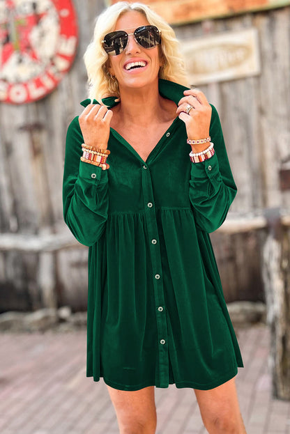 Long Sleeve Ruffle Velvet Button Up Dress | Green