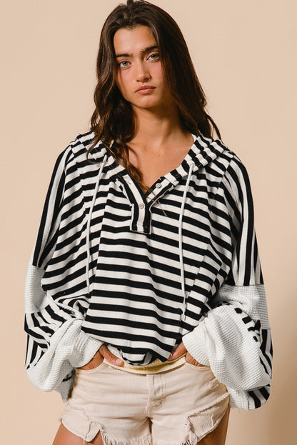 Black White Oversized Striped Henley Buttons Dolman Sleeve Hooded Top | Black white