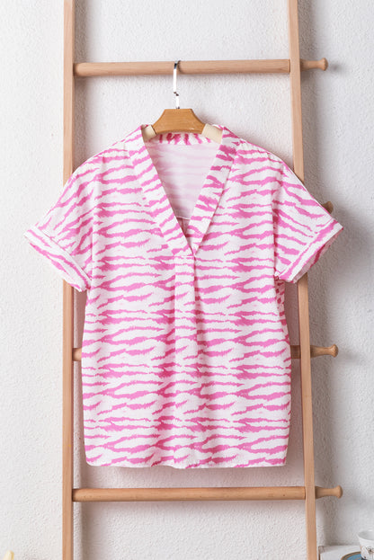 Zebra Pattern V Neck Short Sleeve Blouse | Rose