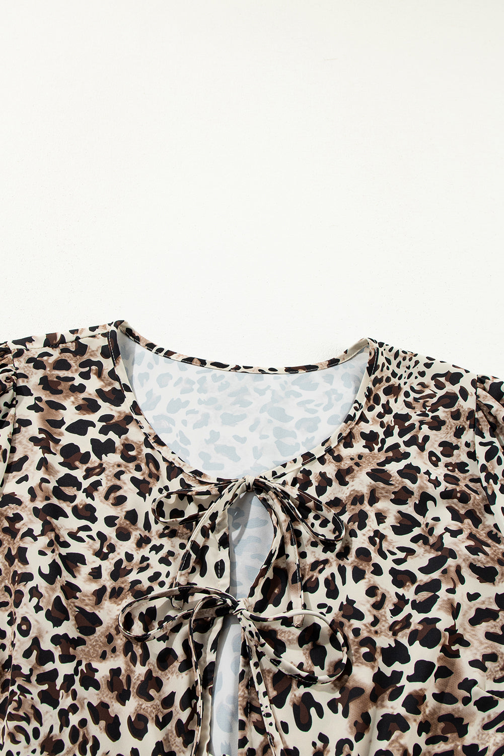 Leopard Print Lace-Up Ruffled 3/4 Sleeve Plus Size Blouse | Khaki