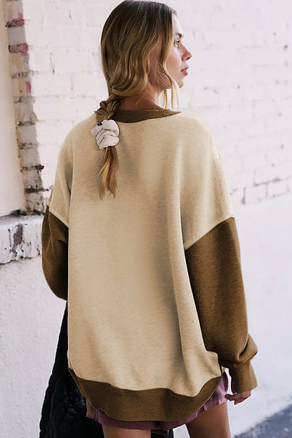 Colour Block Thumbhole Sleeve Drop Shoulder Sweatshirt | Apricot