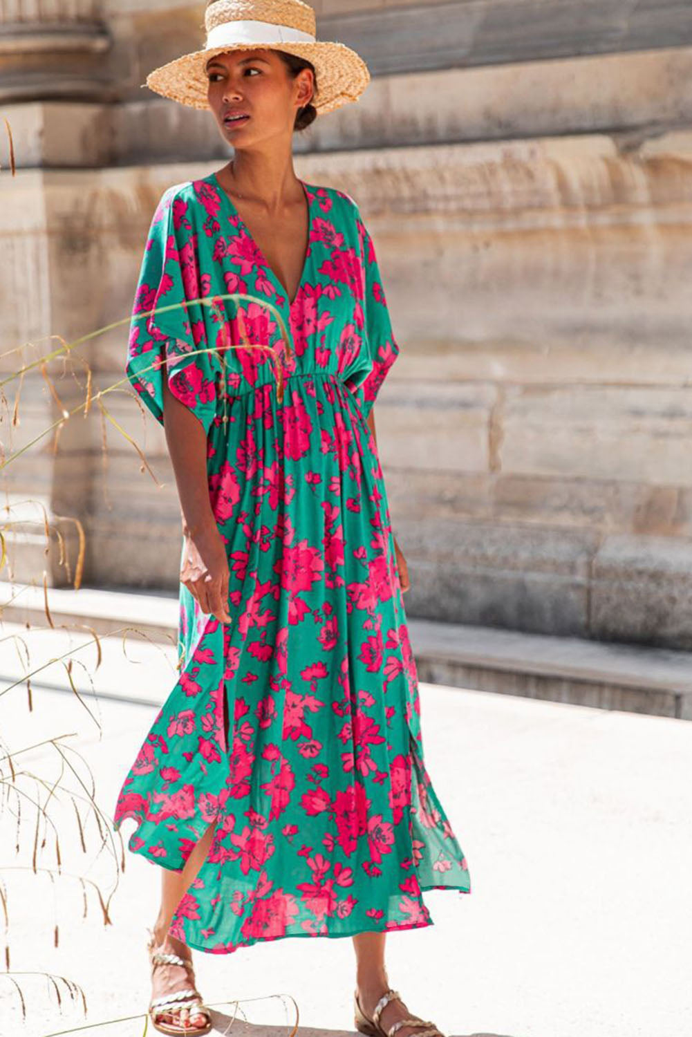 Printed V Neck Short Sleeve Split Flared Maxi Dress | Sea Green