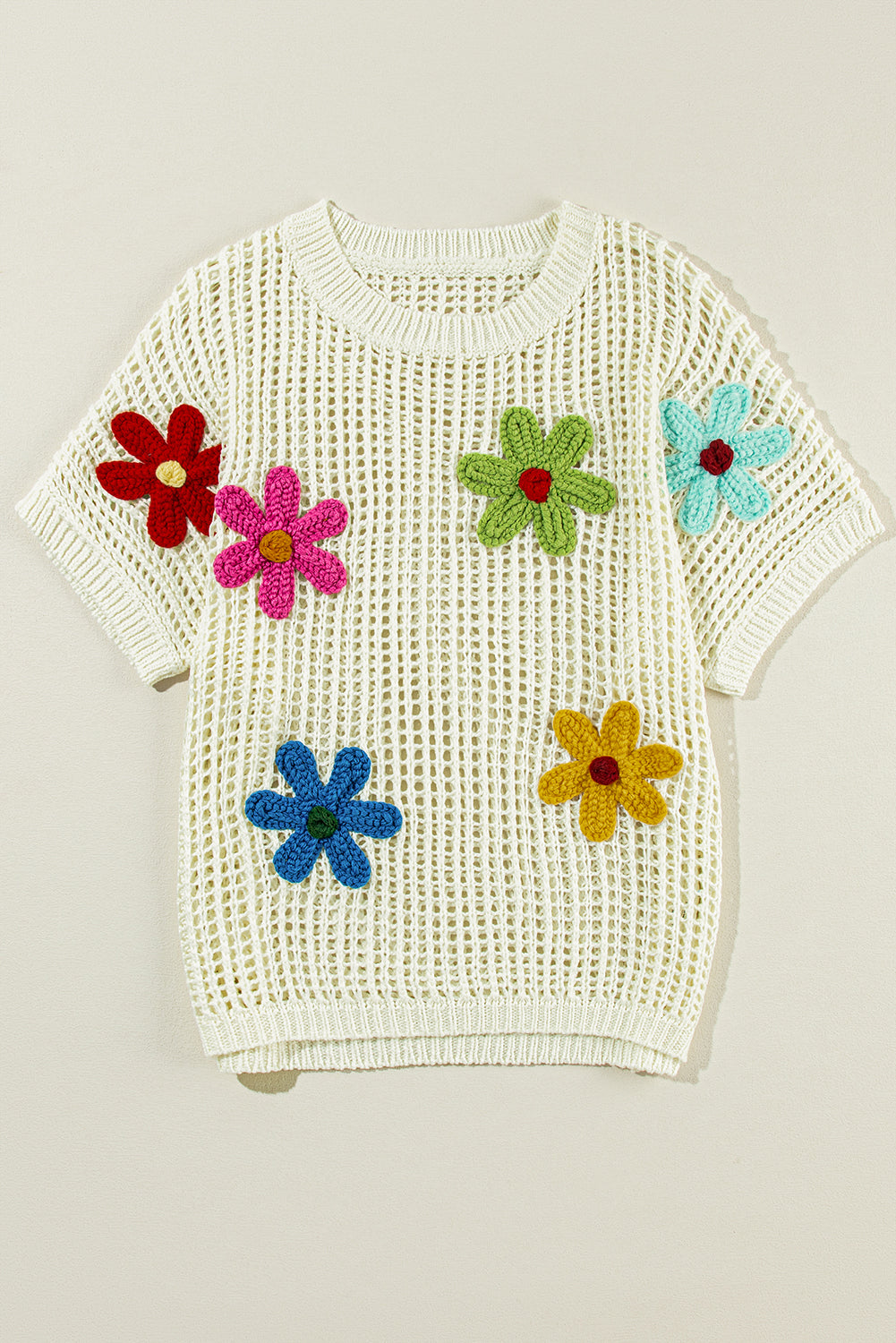 Crochet Flower Hollow-Out Sweater T Shirt | White